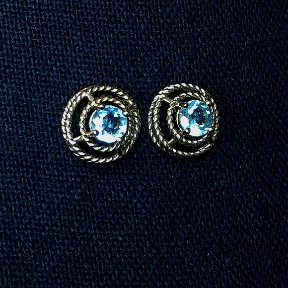 Blue Topaz Sterling Silver Halo Post Back Earrings - Picture 4 of 13